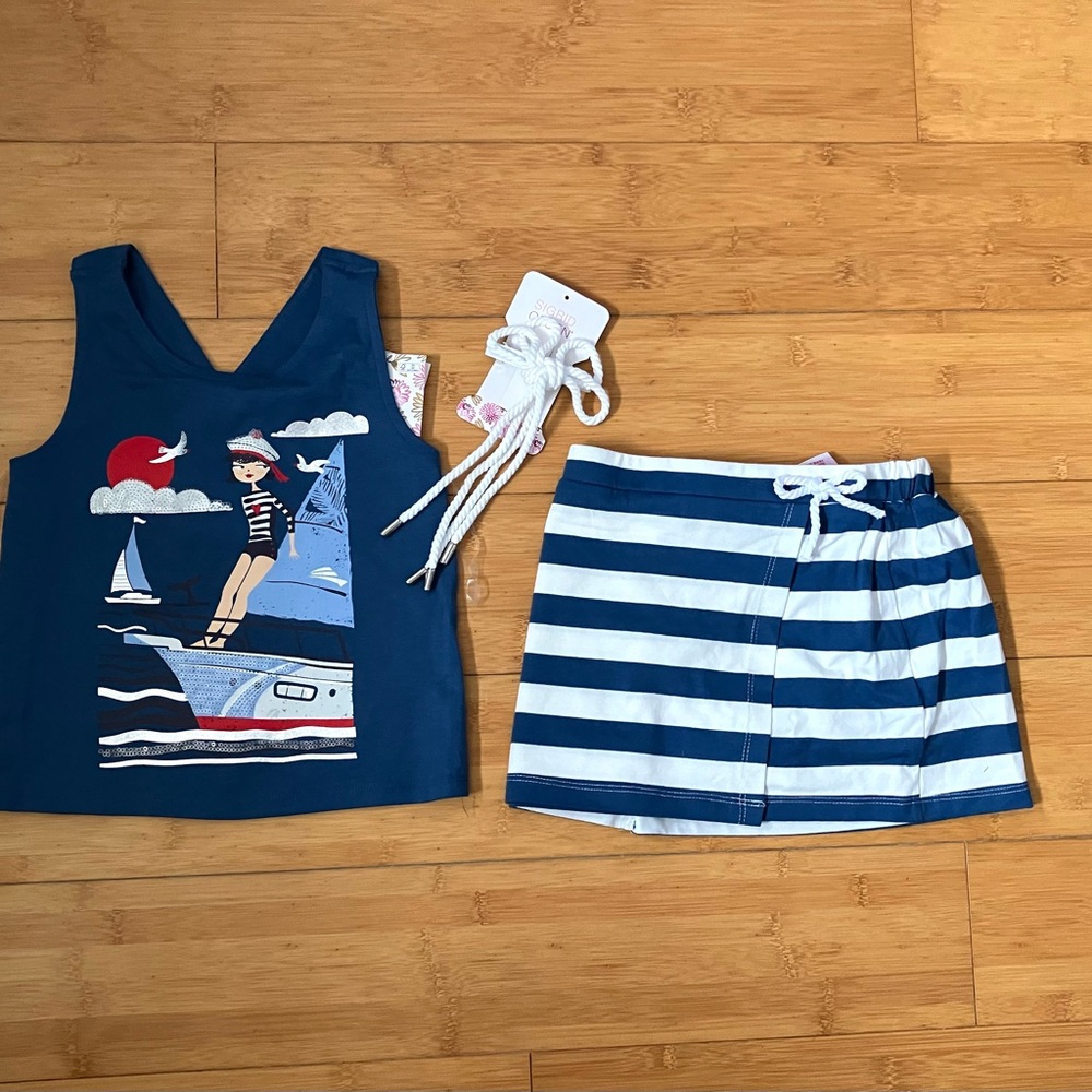 NWT Girls Size 5-6 Navy Blue & White Nautical Matching Set - Top & Skorts Outfit